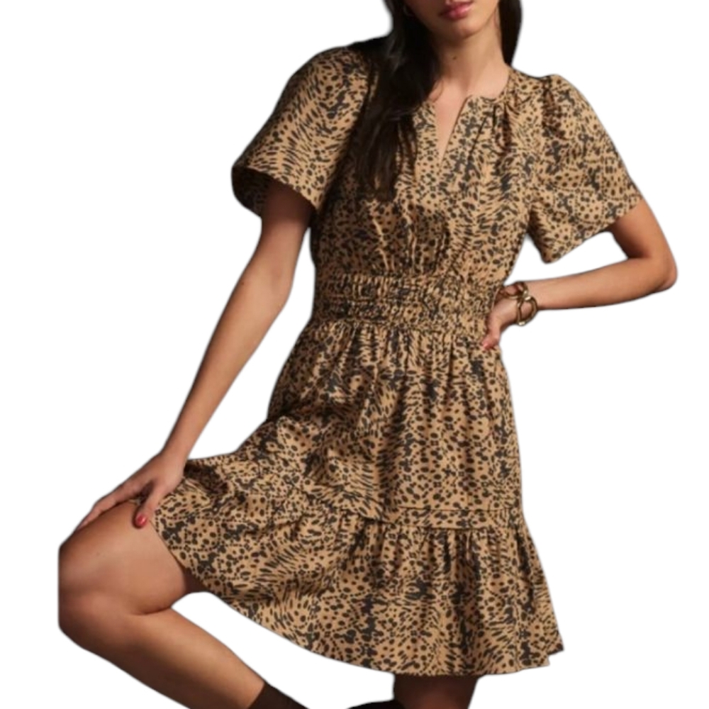 ANTHROPOLOGIE Sommerset Leopard Print Smocked V-Neck Short Sleeve Mini Dress